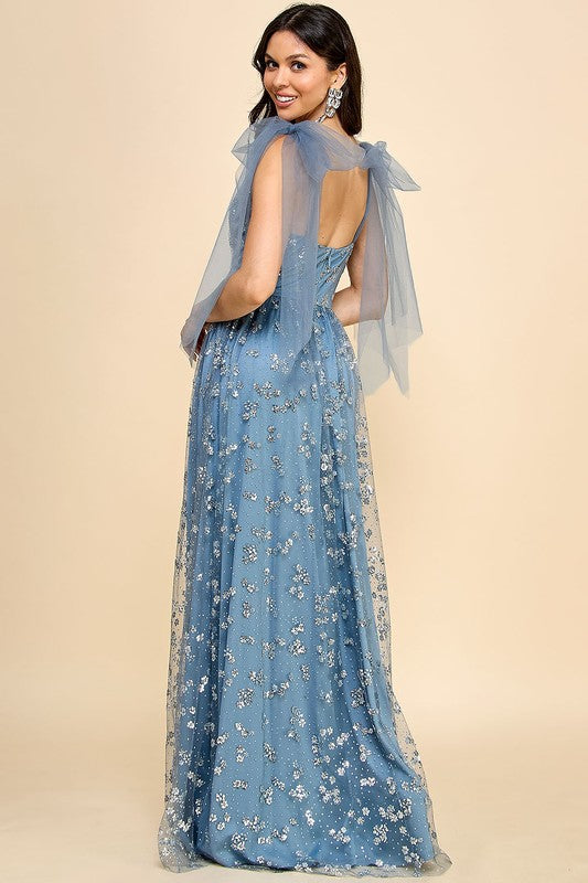 Dusty Blue Maxi Dress | Deep V-Neck Glitter Floral Gown