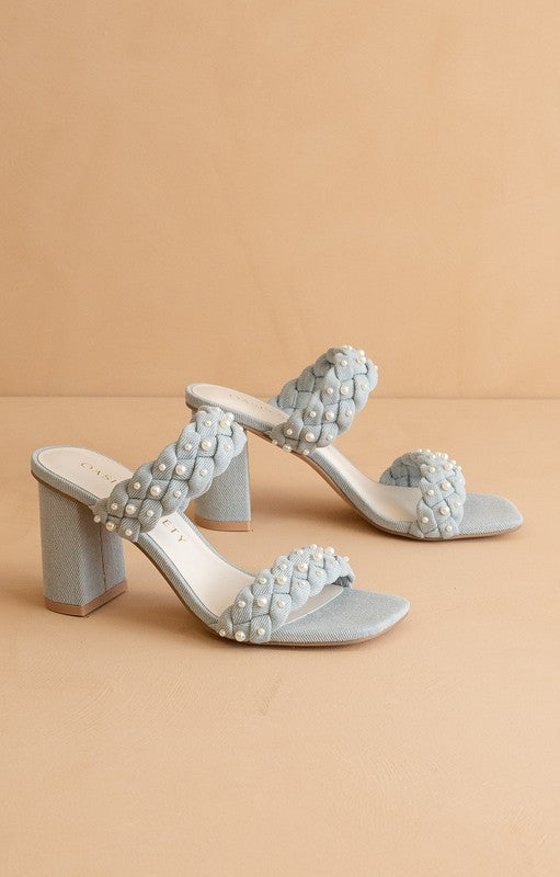 Pearl Blue Sandals | Braided Strap & Pearl Embellishment