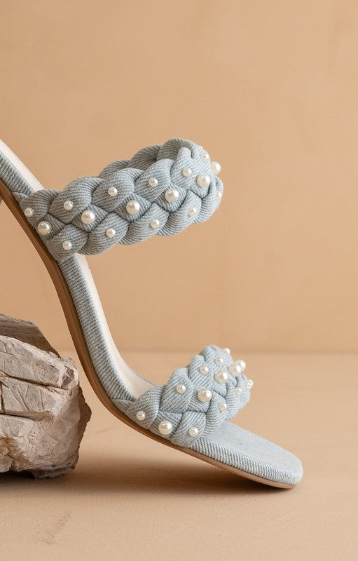 Pearl Blue Sandals | Braided Strap & Pearl Embellishment