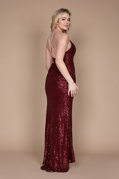 Sparkle Burgundy Gown | Sequin Prom Dress with Slit