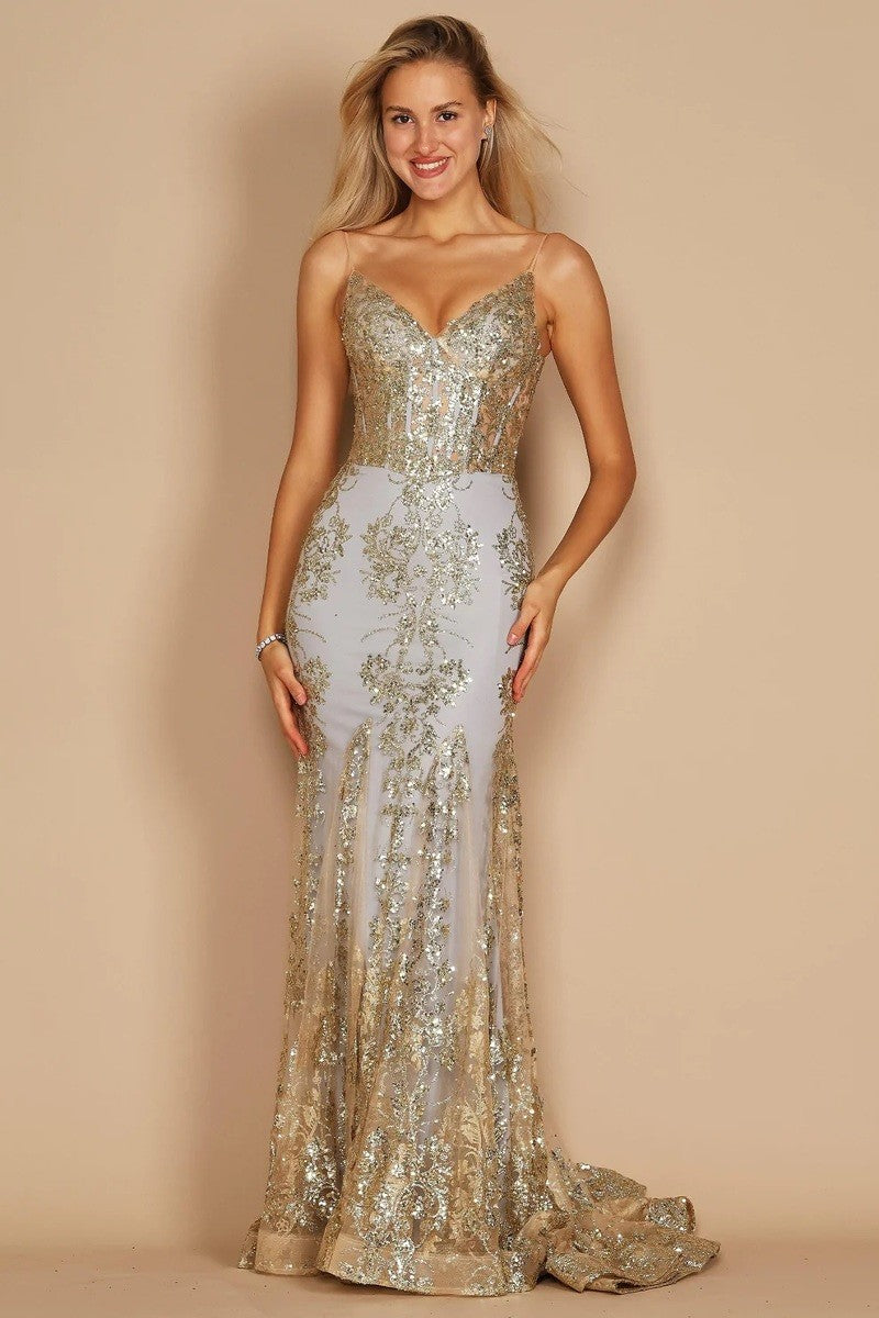 Silver Gold Night Gown | Glitter Corset Formal Dress