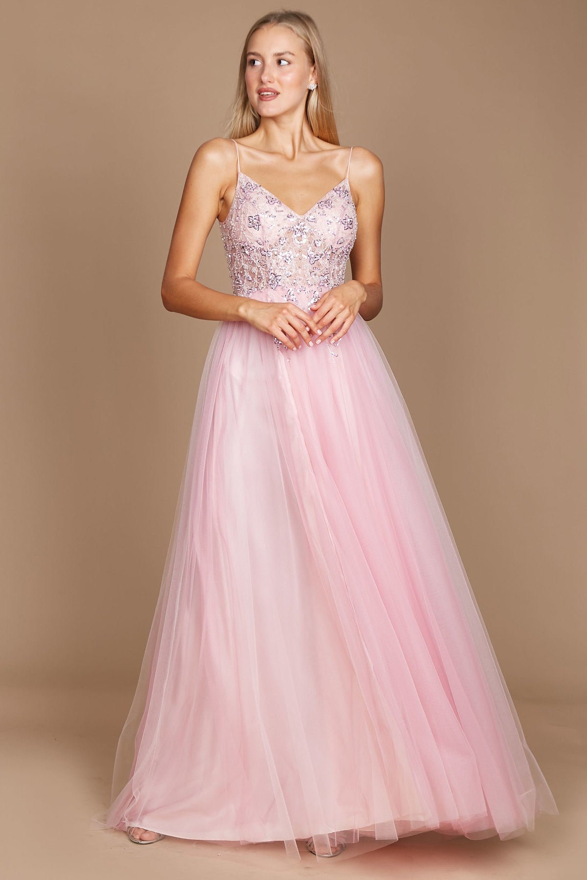 Aurora Pink Gown | Beaded Bodice & Tulle Prom Dress