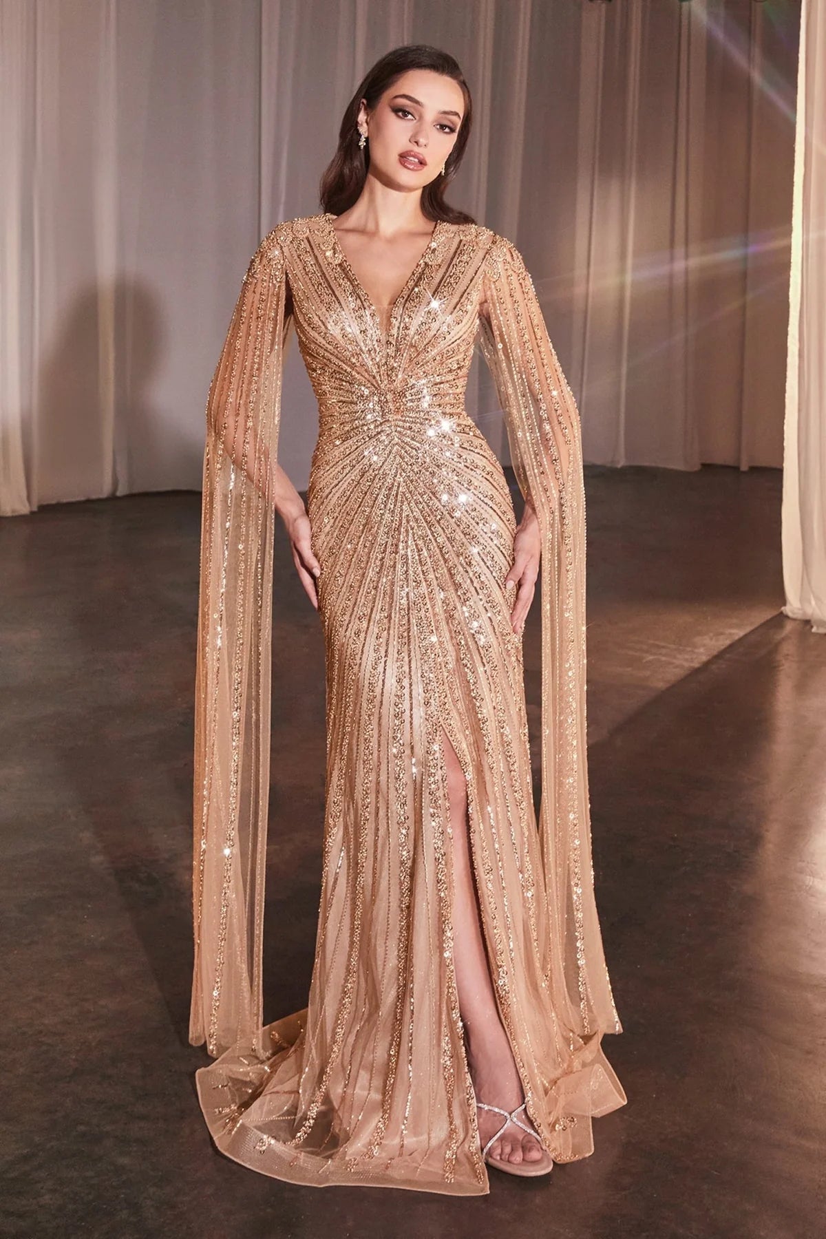 Bella Night Gown | Beaded Sheath Dress with Cape Sleeves Bella Night Gown | Beaded Sheath Dress with Cape Sleeves
