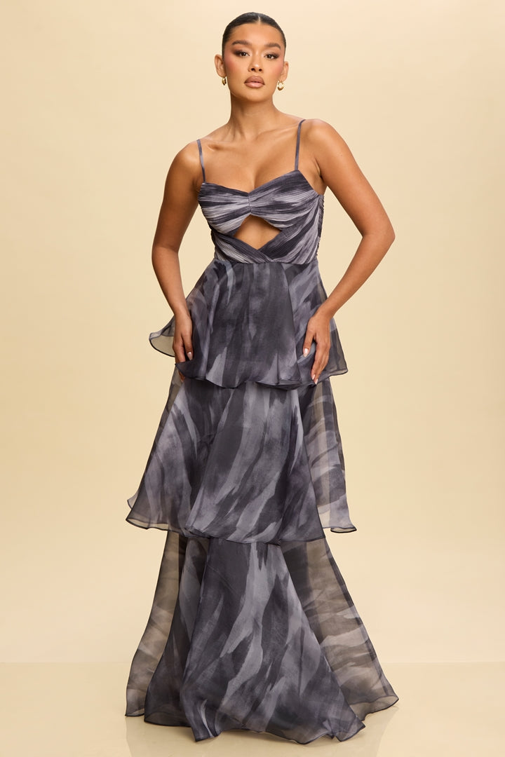 silver organza dress HAPPY CLOTHING HAYLEY GRAY ORGANZA FLARED MAXI DRESS