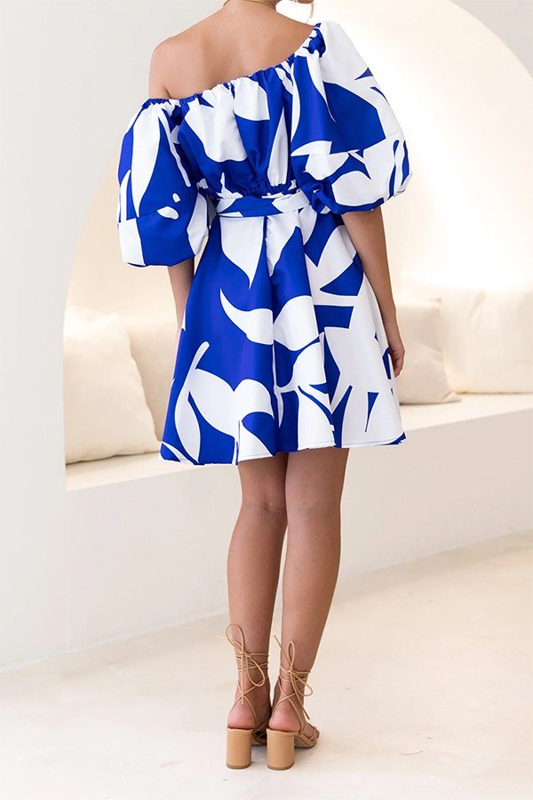 Spring Blue white Dress | Sloping Shoulder Blue & White Gown