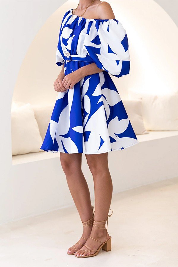 Spring Blue white Dress | Sloping Shoulder Blue & White Gown