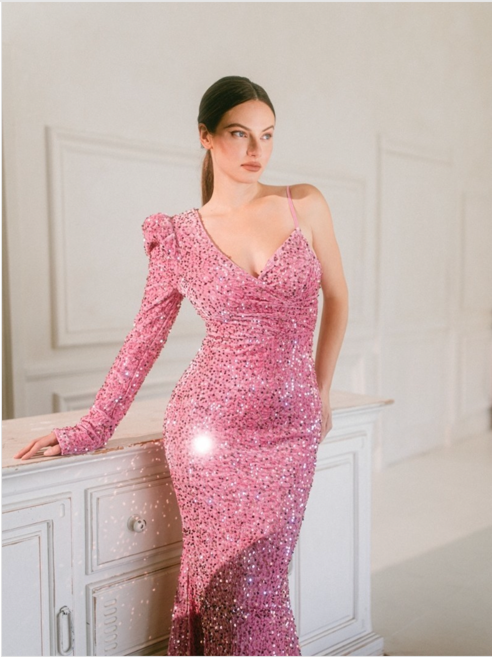 Pearl Pink Maxi Dress | One-Shoulder Sequin Gown