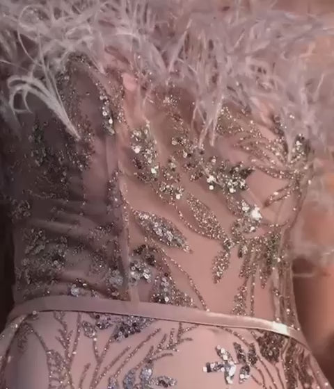 Rose Gold Feathers online dresses wedding gala prom gown | FecoDiFiori