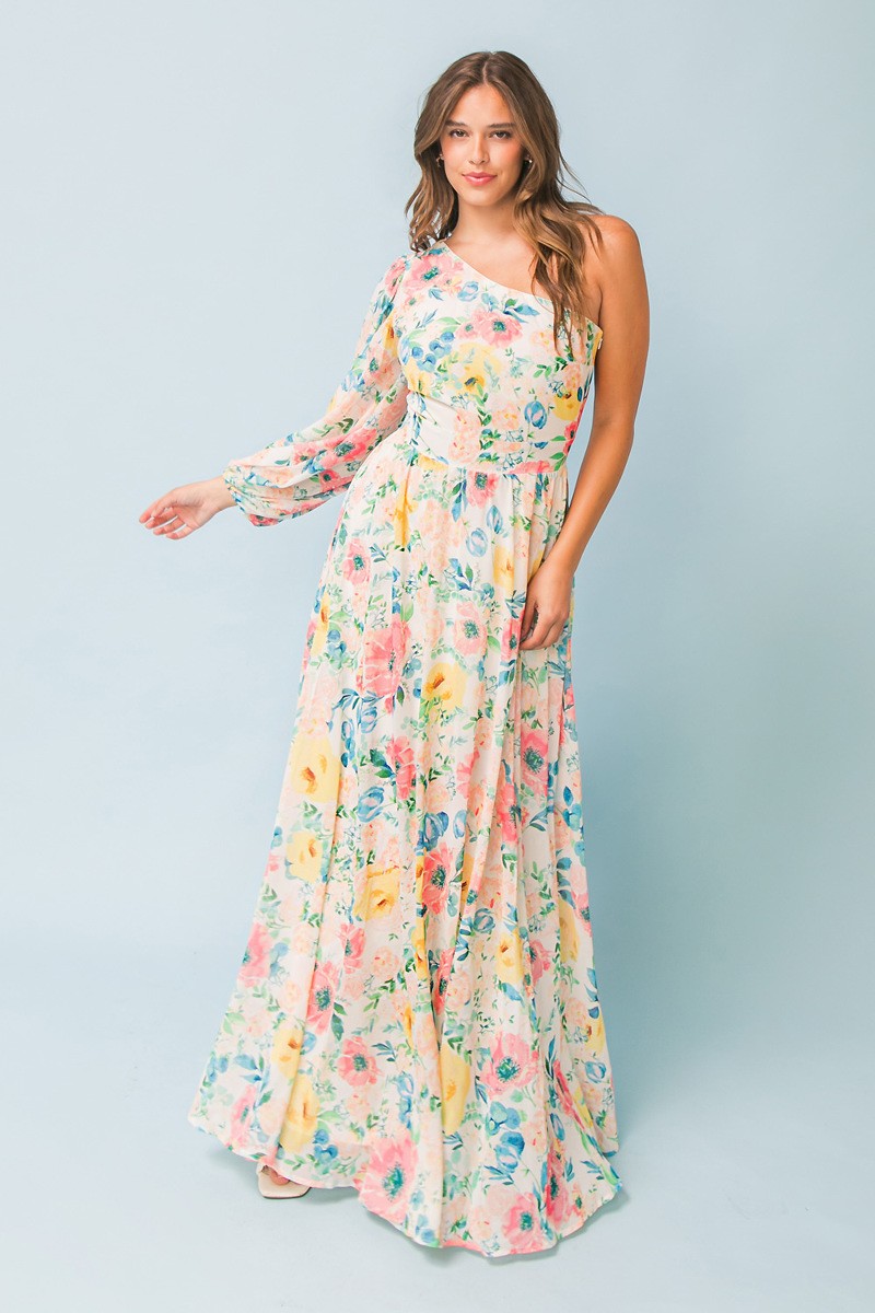 Spring Jubilee Maxi Dress | One-Shoulder Printed Gown