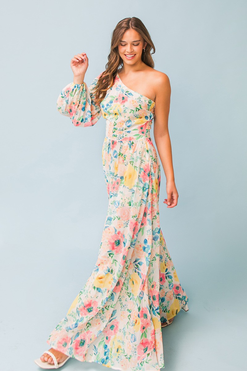 Spring Jubilee Maxi Dress | One-Shoulder Printed Gown
