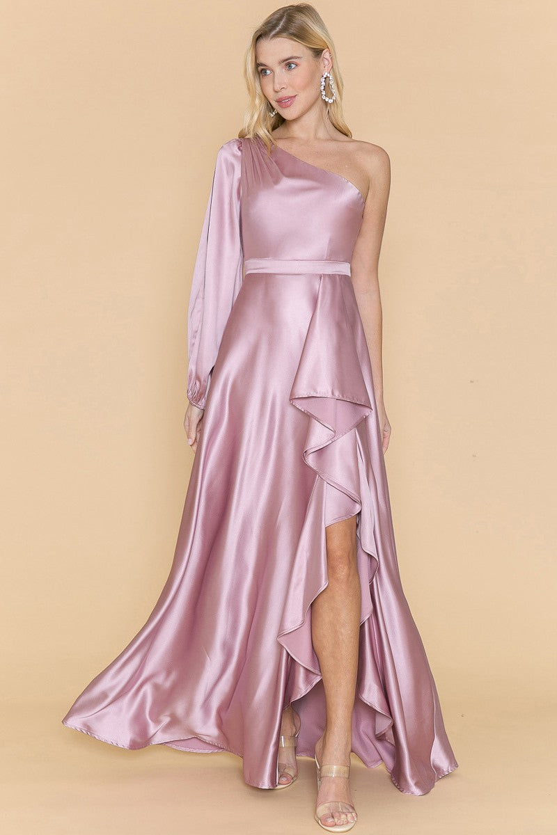 Satin Mauve Maxi Dress | One-Shoulder Slit Sleeve Gown M Satin Mauve Maxi Dress | One-Shoulder Slit Sleeve Gown M