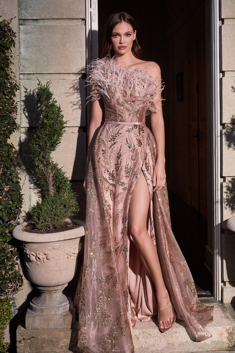 Rose Gold Feathers online dresses wedding gala prom gown