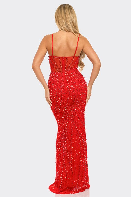 Scarlet Ruby Maxi Dress | Red Corset Rhinestone Gown