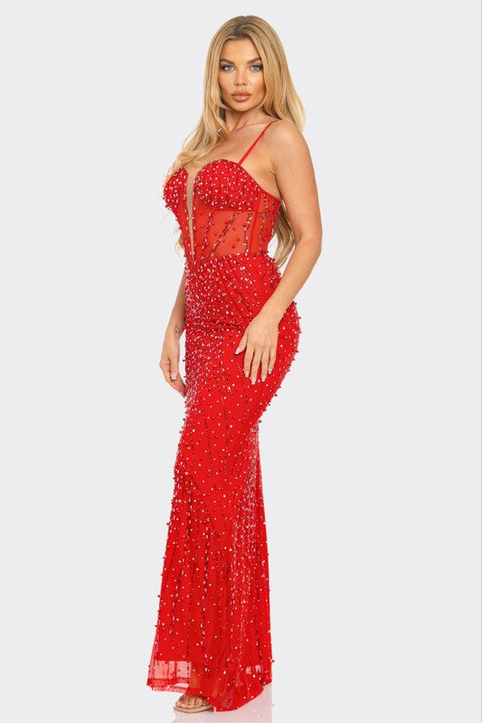 Scarlet Ruby Maxi Dress | Red Corset Rhinestone Gown