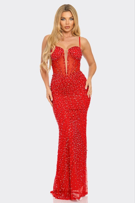 Scarlet Ruby Maxi Dress | Red Corset Rhinestone Gown