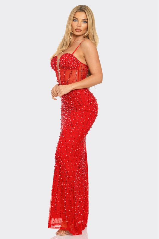 Scarlet Ruby Maxi Dress | Red Corset Rhinestone Gown