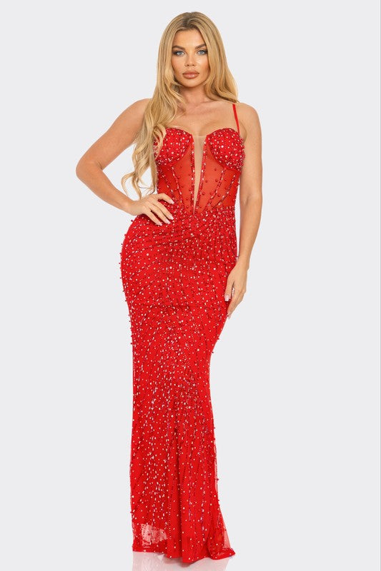 Scarlet Ruby Maxi Dress | Red Corset Rhinestone Gown