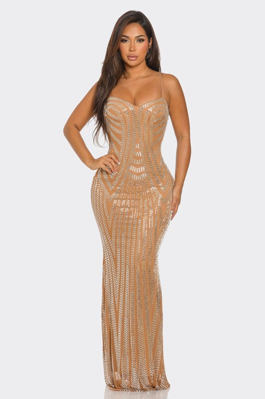 Opal Dream Maxi Dress | Nude Rhinestone Embellished Gown