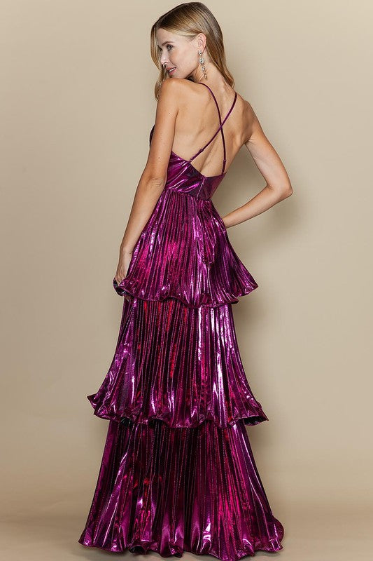 Metallic Fuchsia Maxi Dress | V-Neck Ruffle Layered Gown