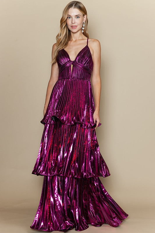 Metallic Fuchsia Maxi Dress | V-Neck Ruffle Layered Gown