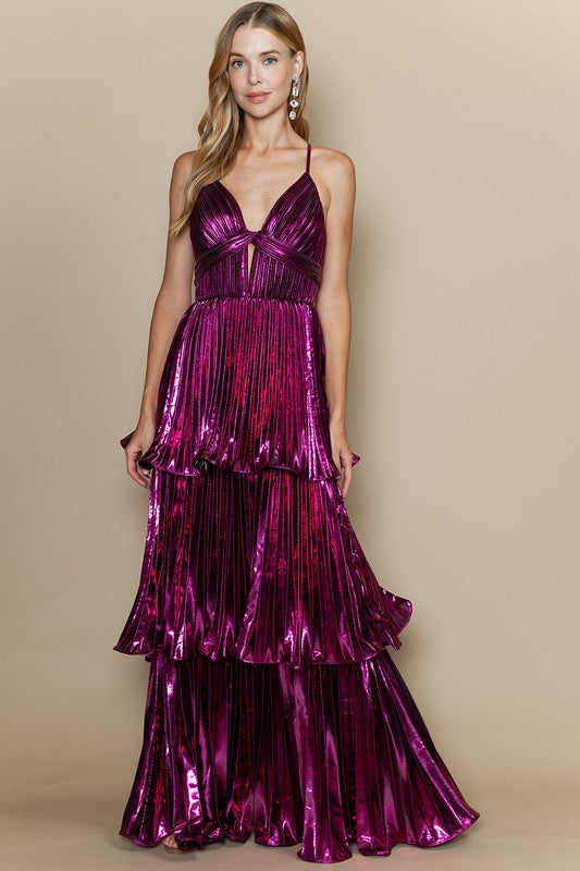 Metallic Fuchsia Maxi Dress | V-Neck Ruffle Layered Gown