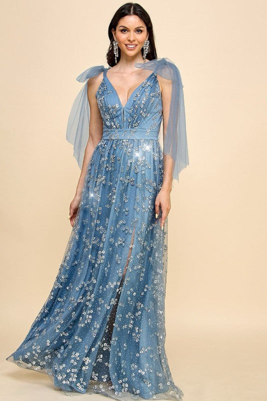 Dusty Blue Maxi Dress | Deep V-Neck Glitter Floral Gown