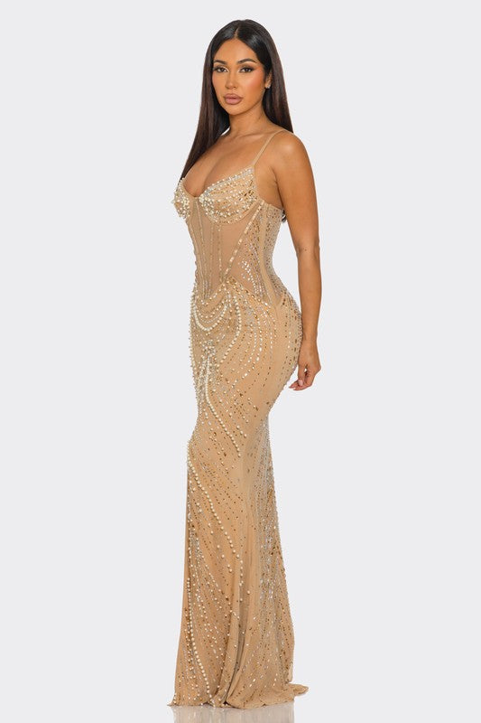 Crystal Pearl Dress | Nude Rhinestone Embellished Gown