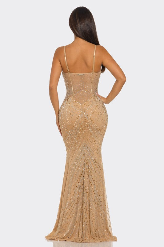 Crystal Pearl Dress | Nude Rhinestone Embellished Gown