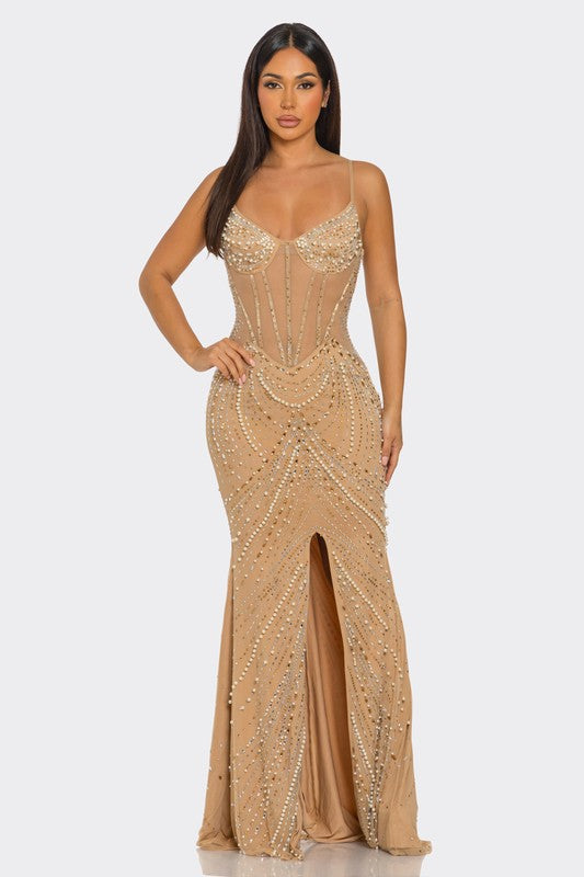 Crystal Pearl Dress | Nude Rhinestone Embellished Gown