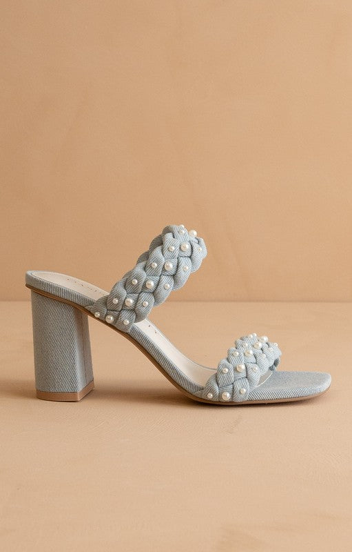 Pearl Blue Sandals | Braided Strap & Pearl Embellishment