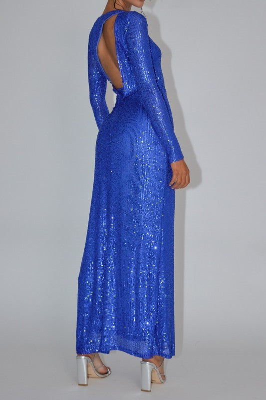 Royal Azure Sequin Maxi Dress | Open-Back Gown