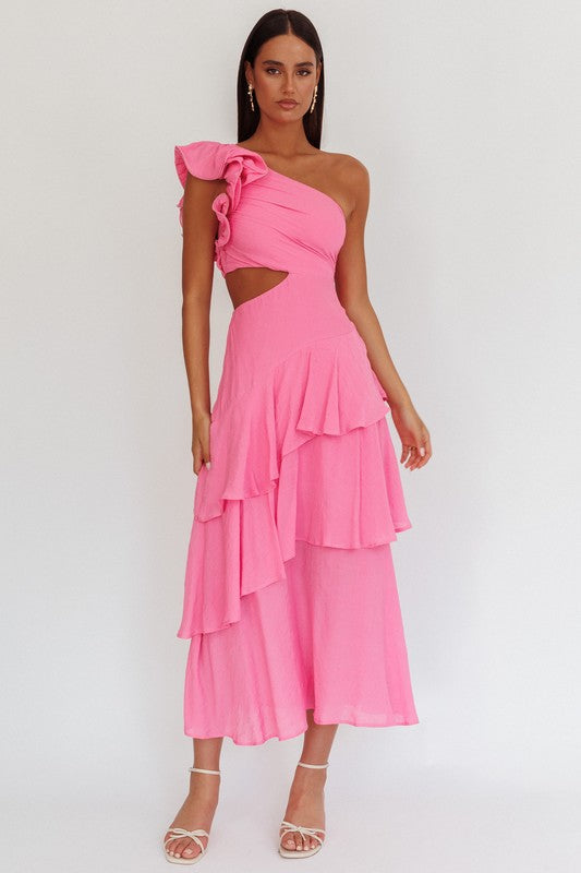 Blush Pink Cascade Maxi Dress | One-Shoulder Elegance