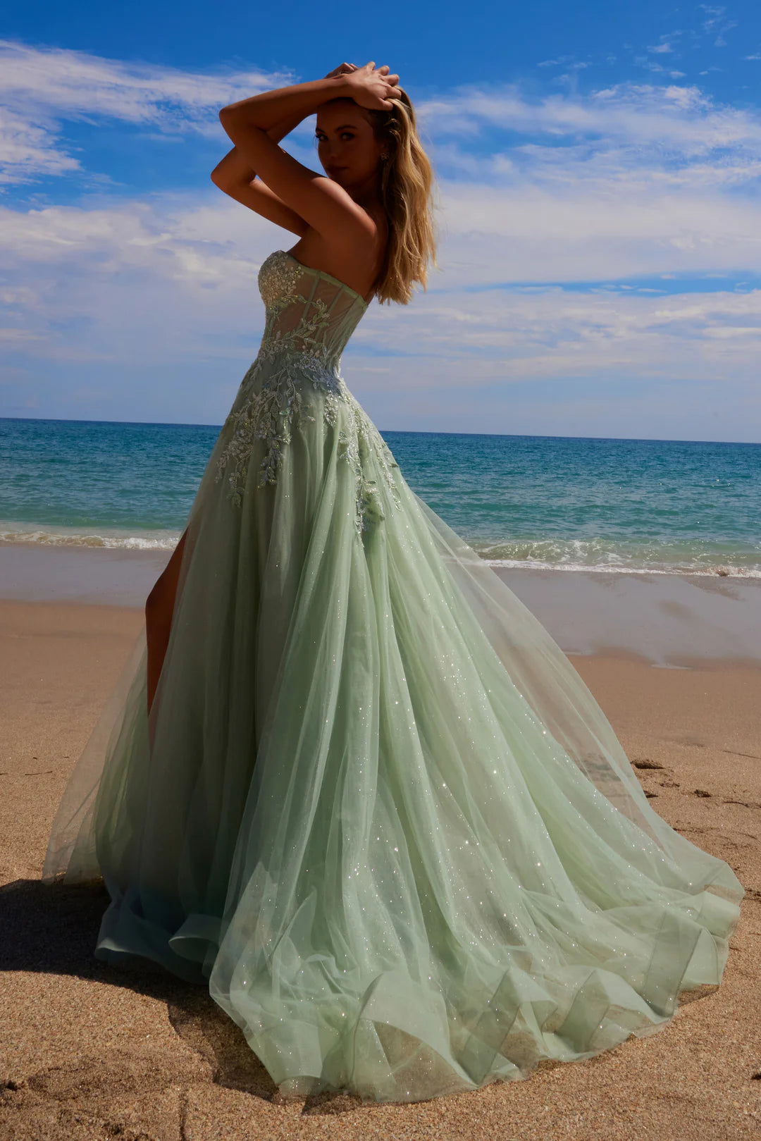 Amalfi Green Pearl Gown | Tulle A-Line with Sequins