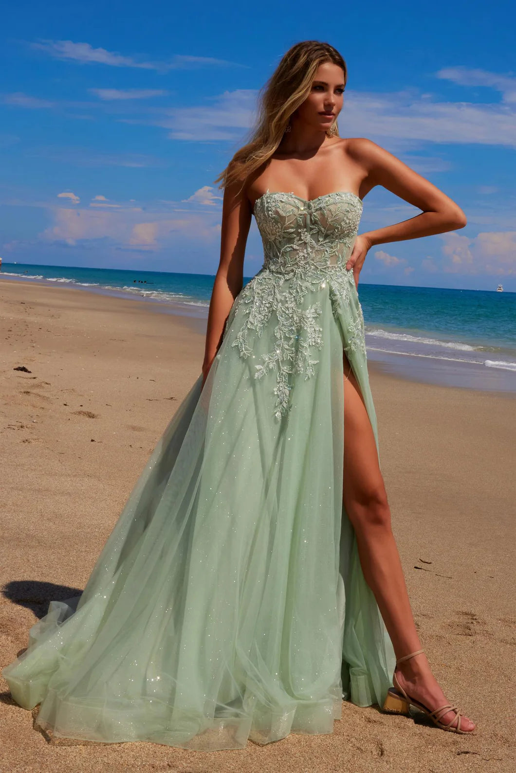 Amalfi Green Pearl Gown | Tulle A-Line with Sequins