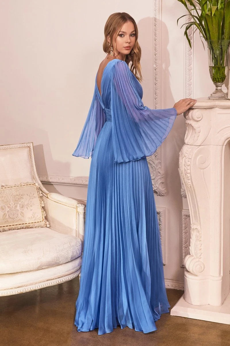 Blue Royal Chiffon Gown | Pleated Long Sleeve Elegance