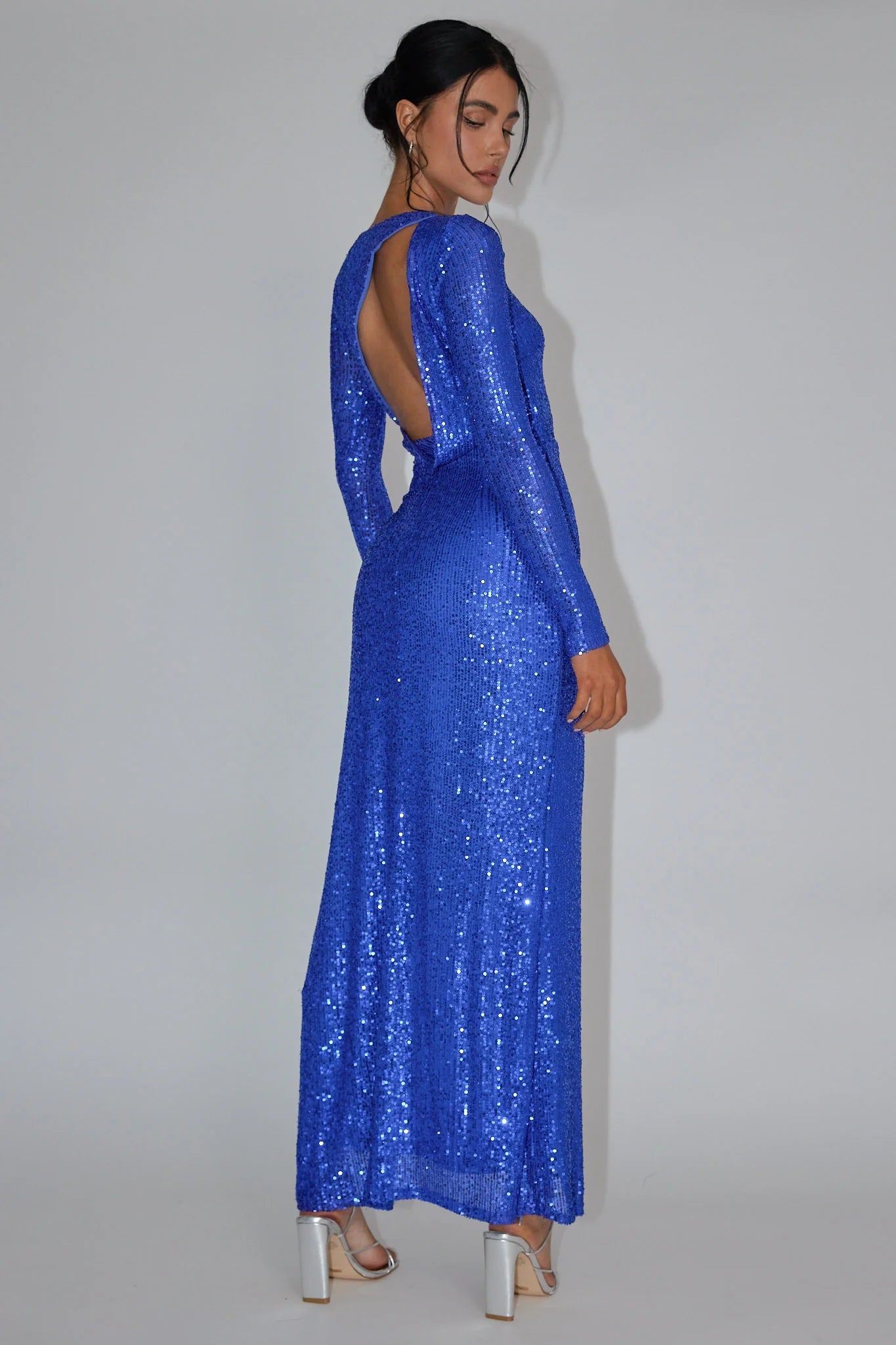 Royal Azure Sequin Maxi Dress | Open-Back Gown